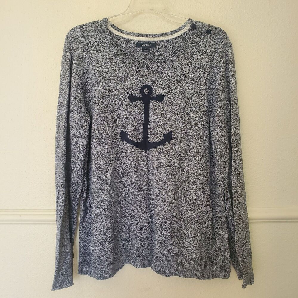Nautica Sweater Women's XL Anchor Intarsia Soft Knit Pullover Boating Yacht